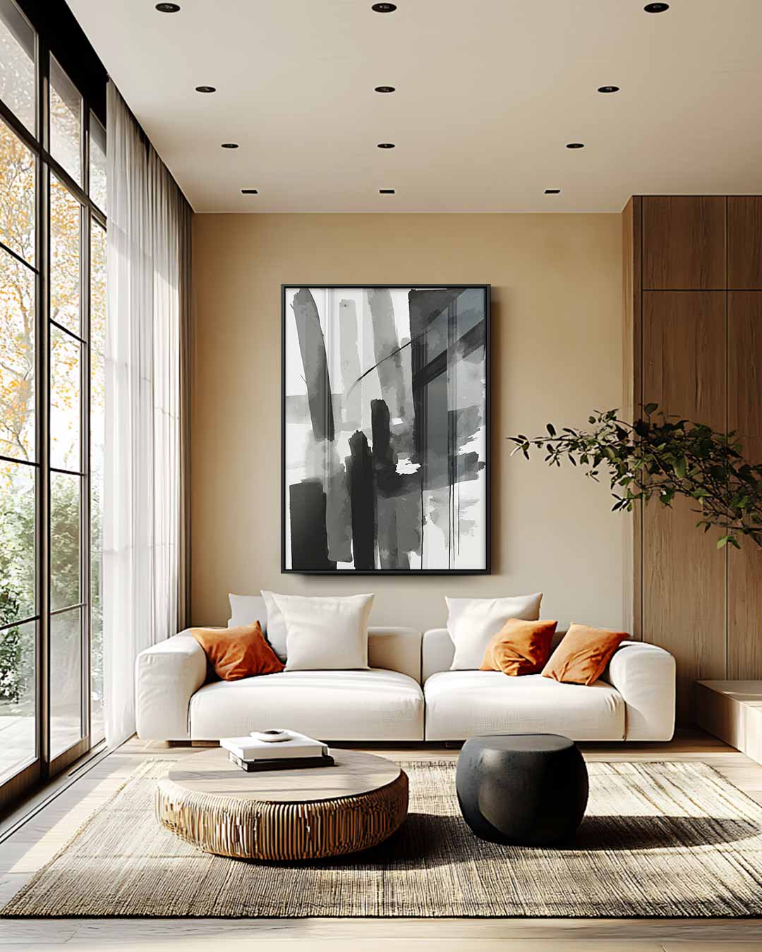 Moderne Sluier van Zwart & Wit – staande wandkunst voor woonkamer of interieur