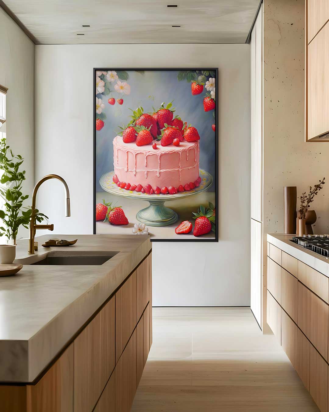 Aardbeientaart in Bloei – staand kunstwerk voor modern interieur