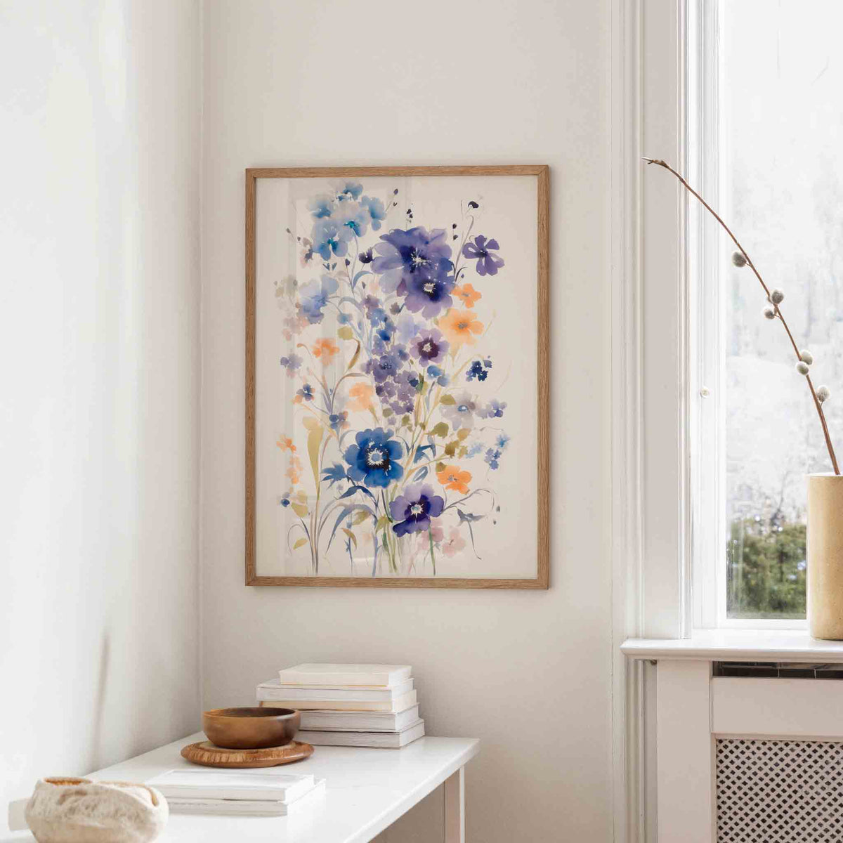 Bloemen in blauw en oranje – staande design wanddecoratie van WallArtistic