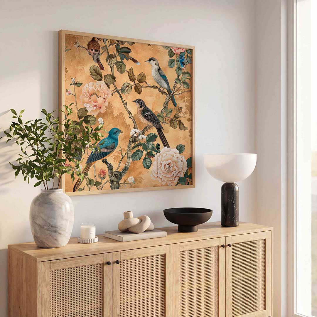 Vogels en bloemen – illustratie poster in vierkant formaat