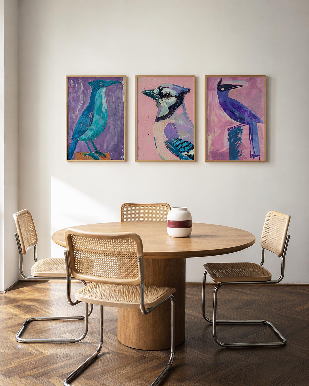 Vogel in kleur posterset – derde productweergave – een speelse vogel in blauw- en groentinten tegen een paarse