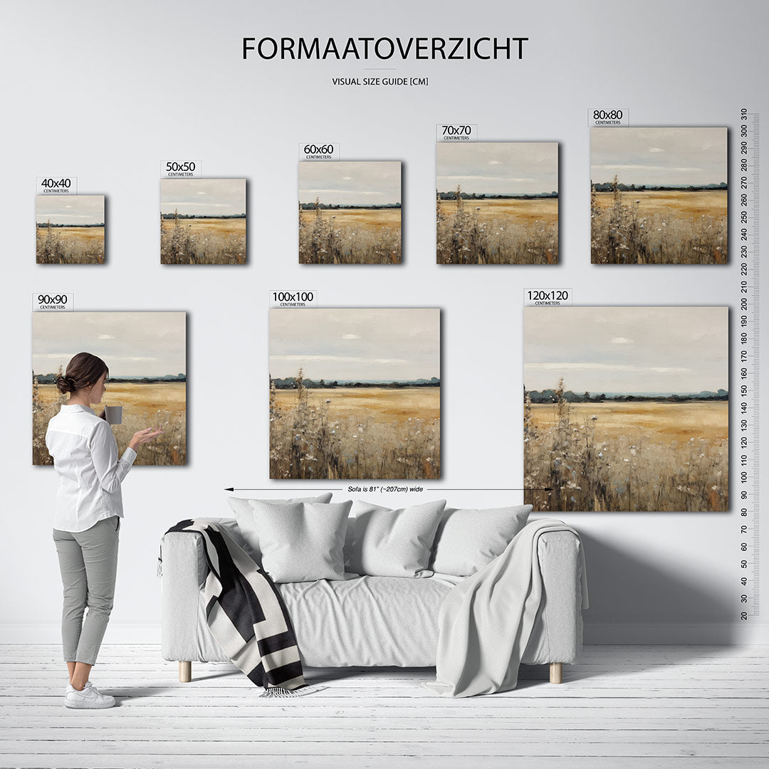 Rustig landschap kunstwerk – sfeerbeeld – dit werk toont een uitgestrekt veld met zachte kleuren en subtiele lijnen. De