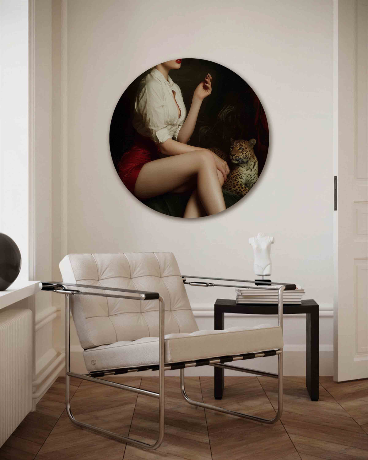 Vrouw met luipaard – Pop Art muurcirkel als ronde wanddecoratie