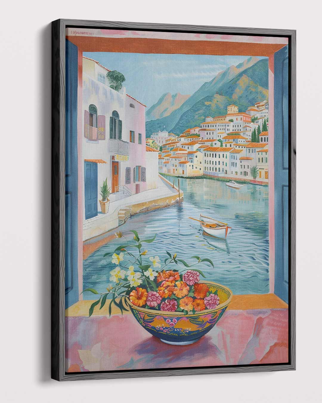 Uitzicht op een Mediterraan Dorp – plexiglas wanddecoratie in portret formaat