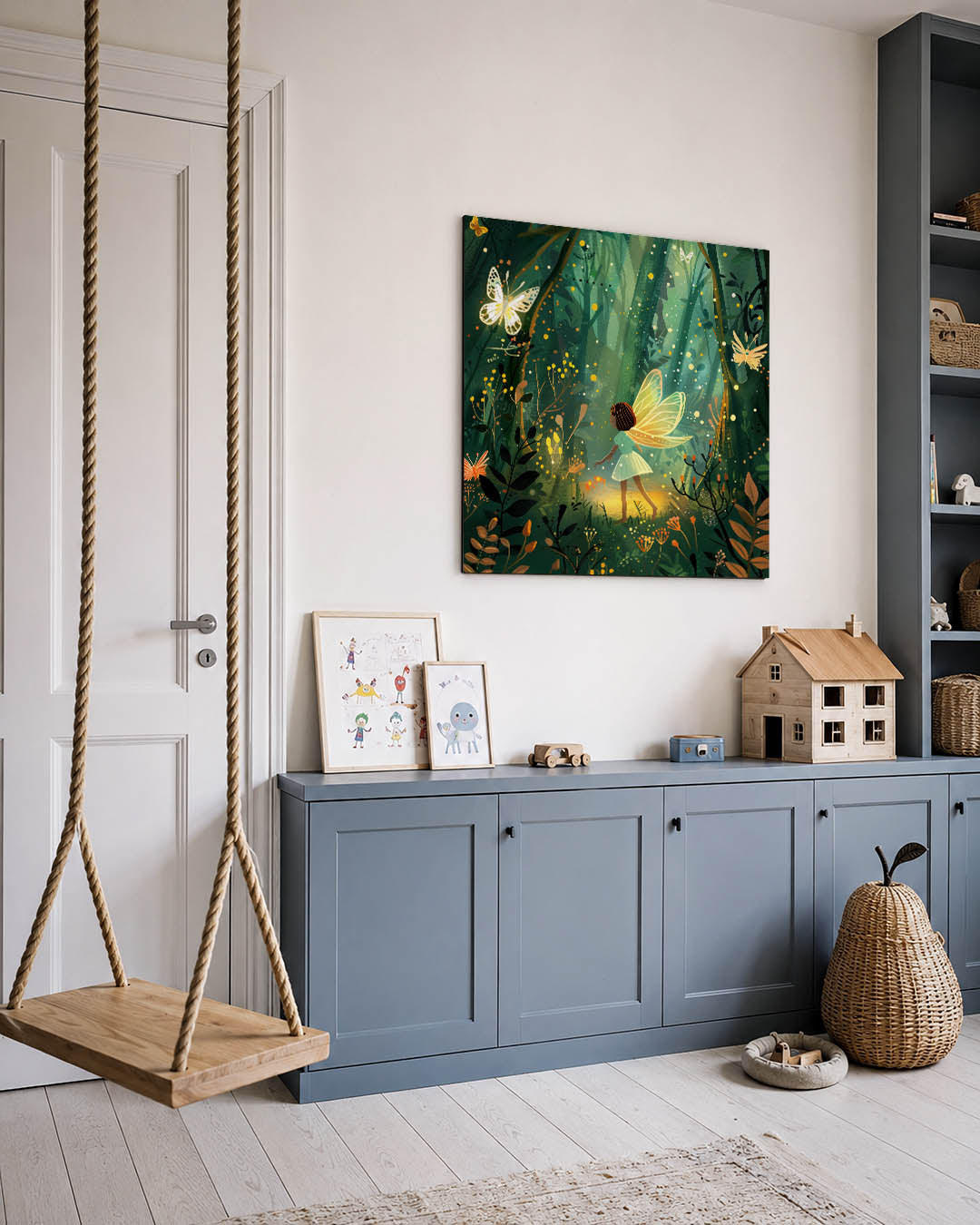 Sprookjesachtig bos kunstwerk – vierkante wanddecoratie – een tafereel met een figuur in een verlicht bos, omringd door