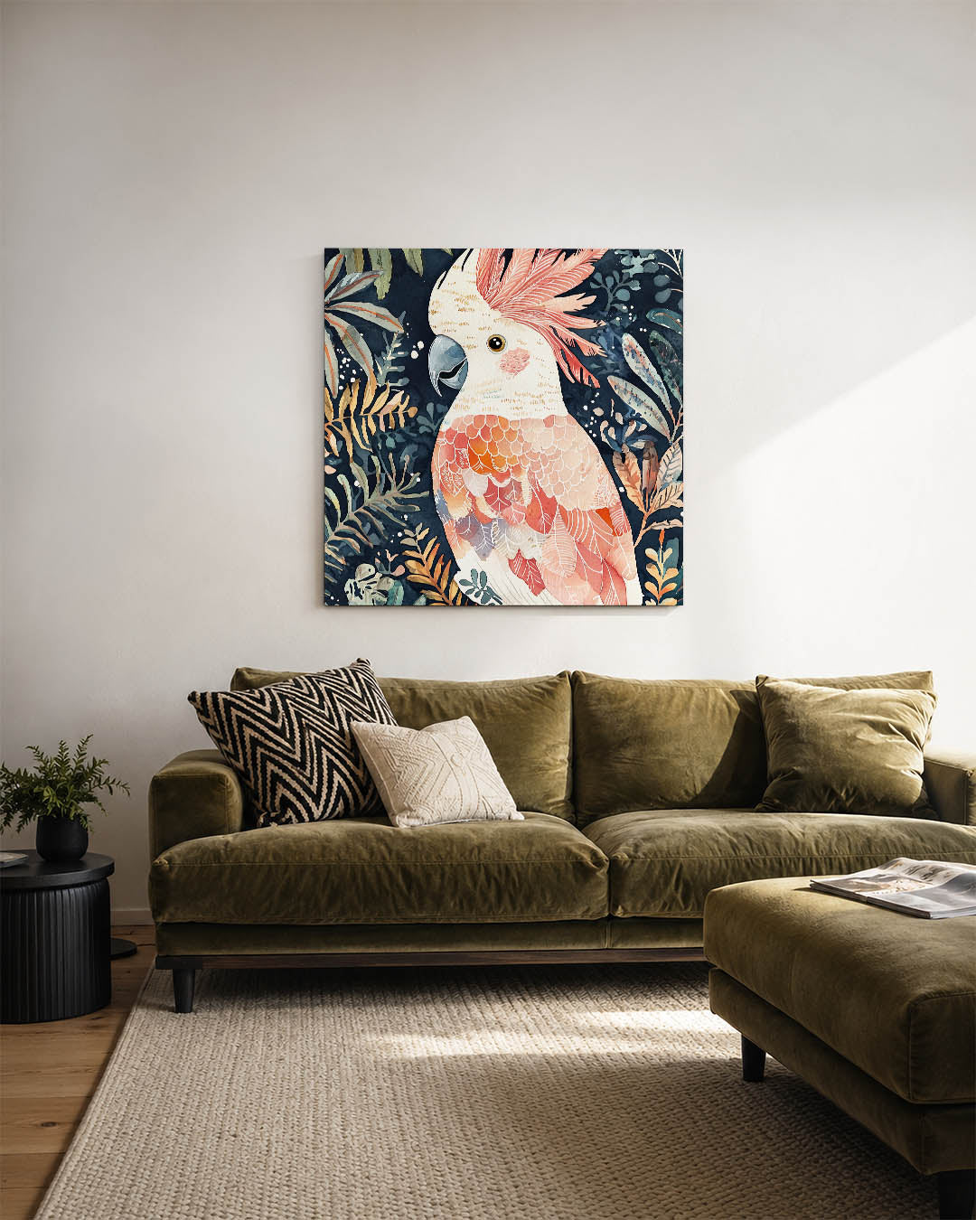 Vrolijke vogel illustratie kunstwerk – sfeerbeeld – dit werk toont een kleurrijke vogel omringd door weelderige bladeren. De