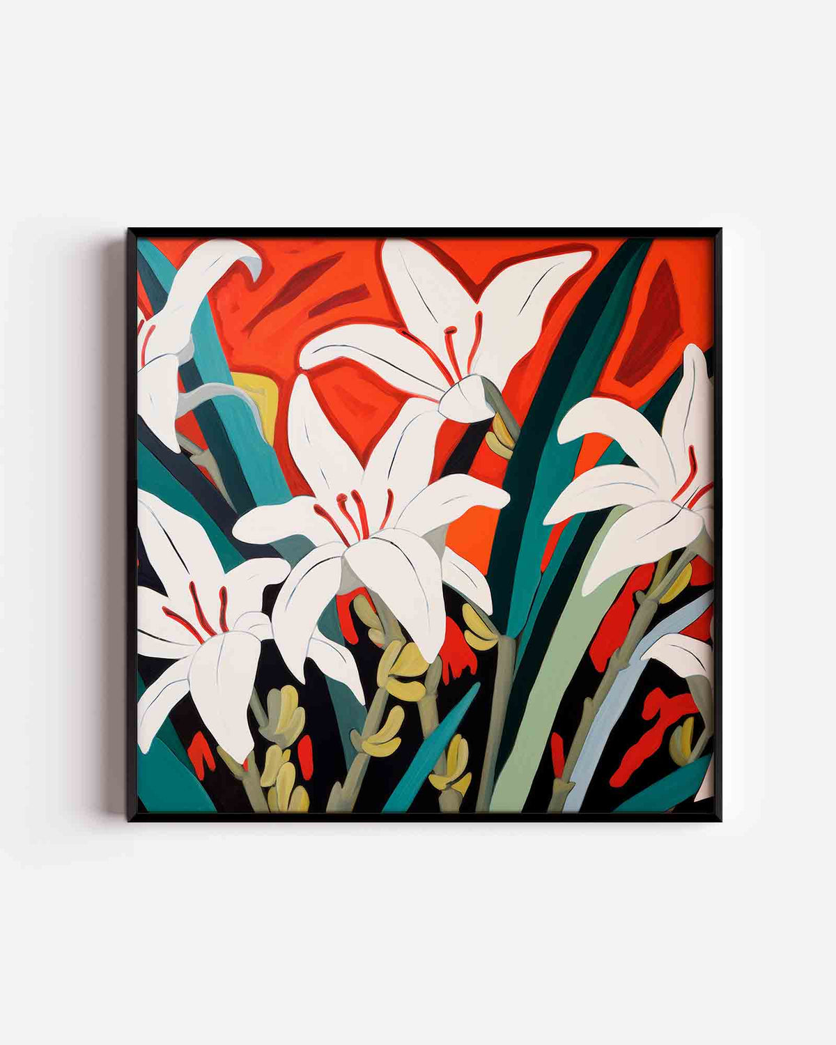 Witte bloemen op oranje achtergrond – vierkante poster met kleur en vormen als wanddecoratie