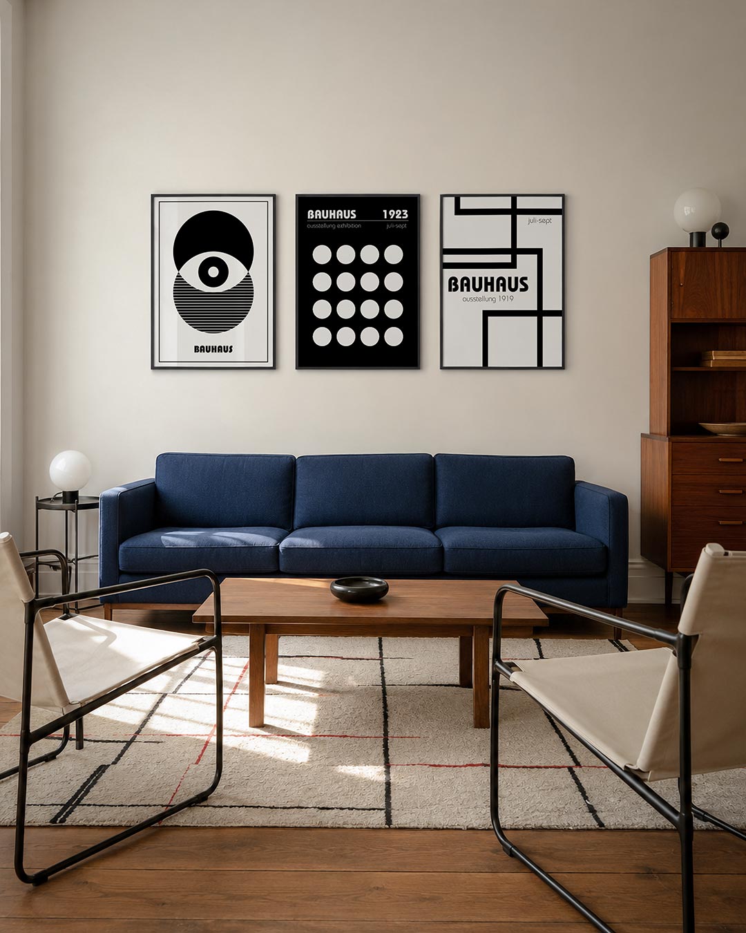 Cirkel en lijnen driedelige posterset – deze poster toont een groot zwart-wit oog gevormd door overlappende cirkels en