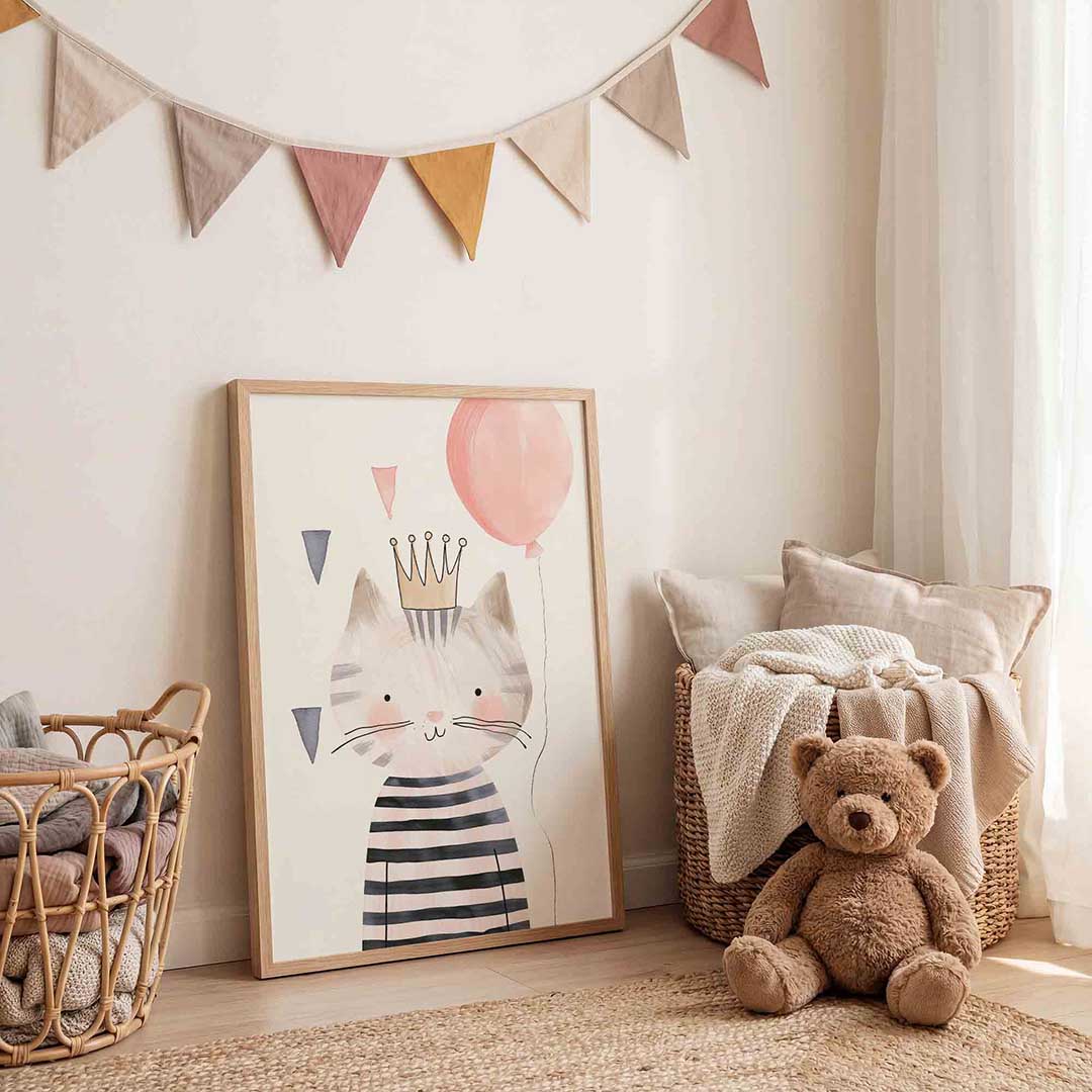 Kat met kroon en ballon – speelse wandkunst als portret kinderposter