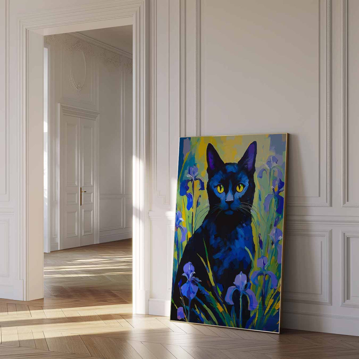 Mystieke Kat en Irissen – dierenposter als moderne staande wanddecoratie
