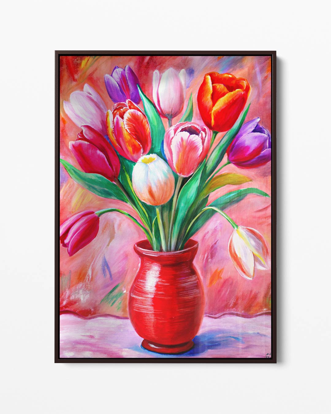 Kleurrijke Tulpen in Rode Vaas – portret kunstwerk als wanddecoratie