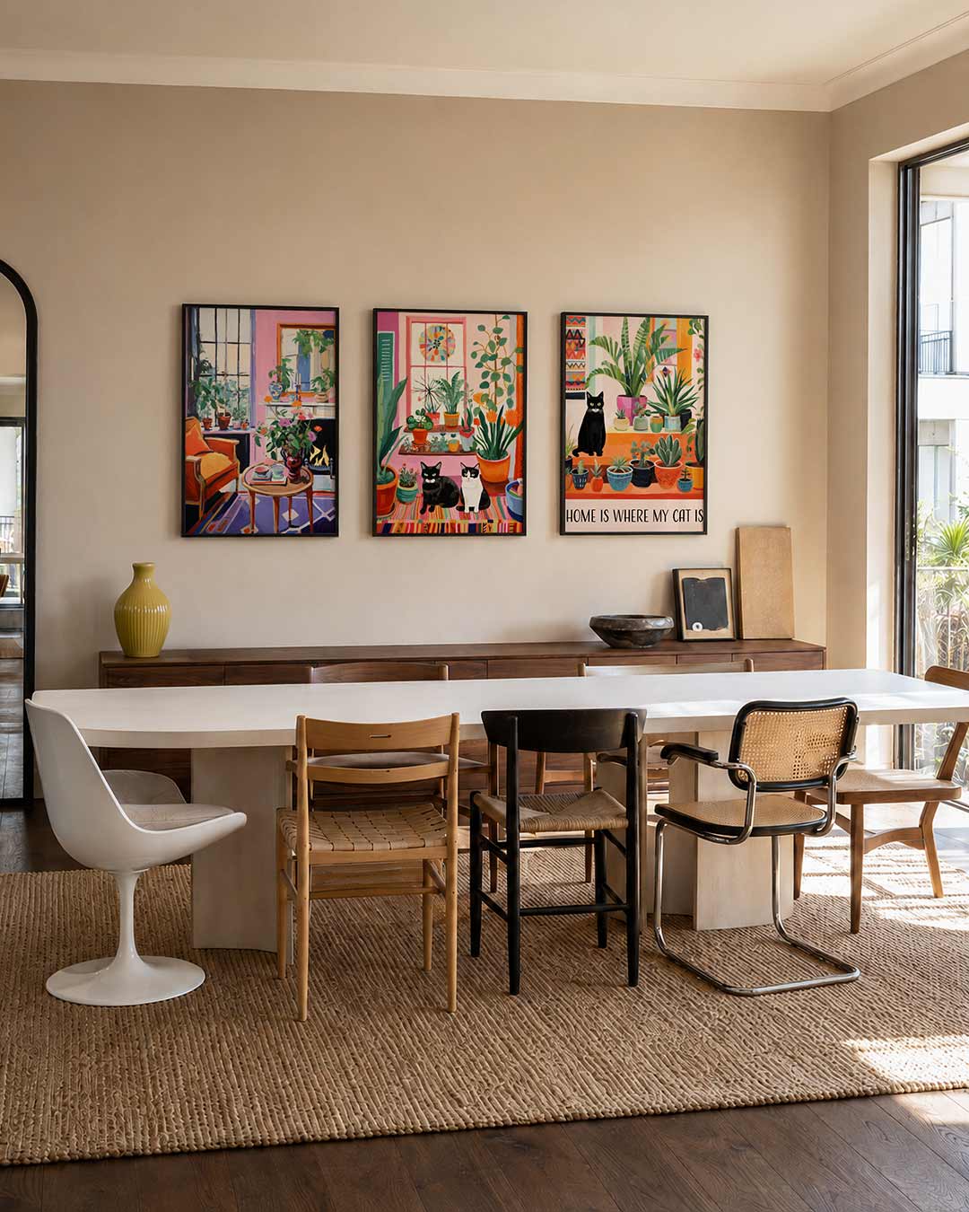 Kleurrijke interieurhoek posterset – derde productweergave – een levendige kamer met een oranje stoel, roze muren en een