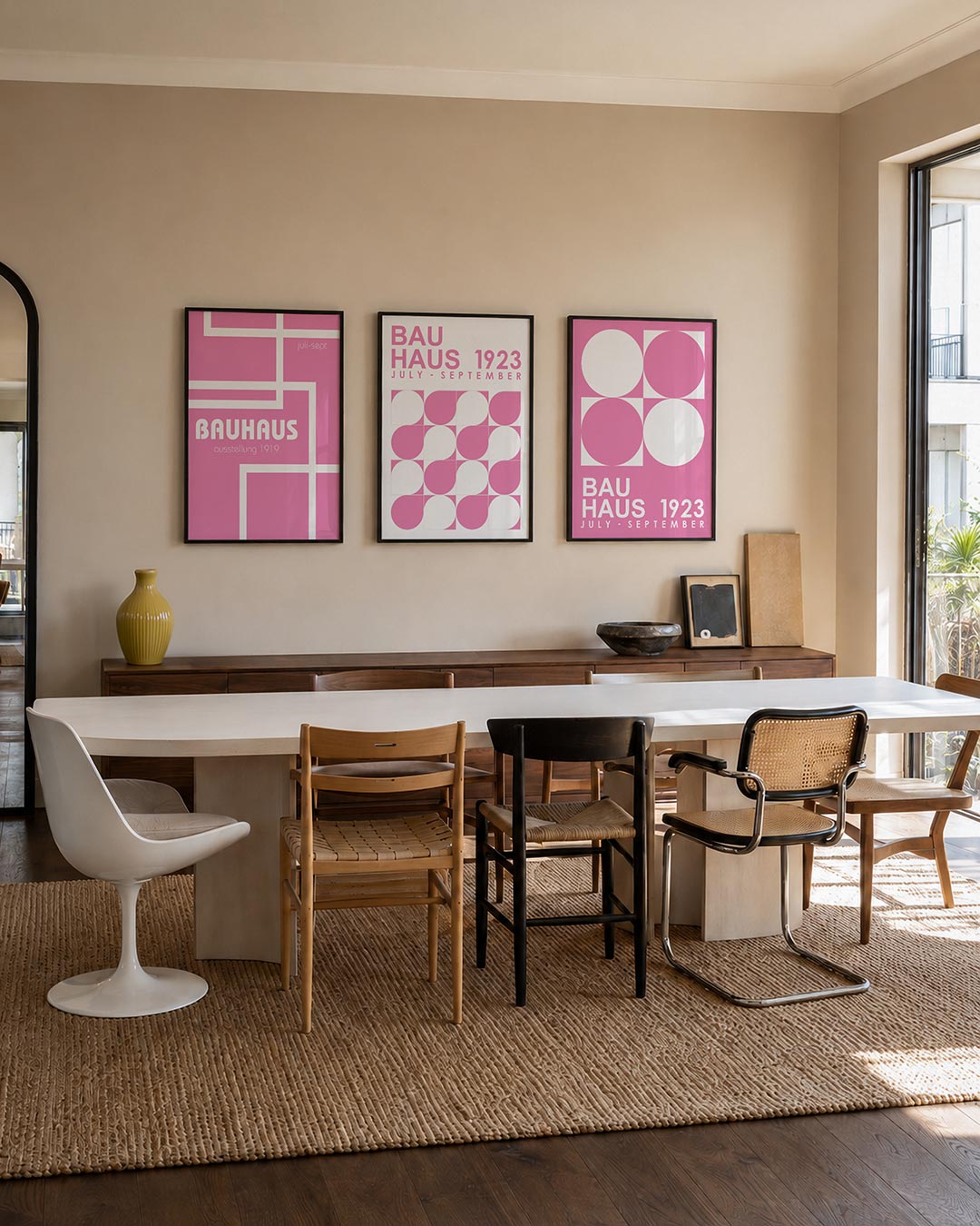 Roze lijnenspel driedelige posterset – deze posterset in drie delen toont een speels lijnenspel in wit op een roze