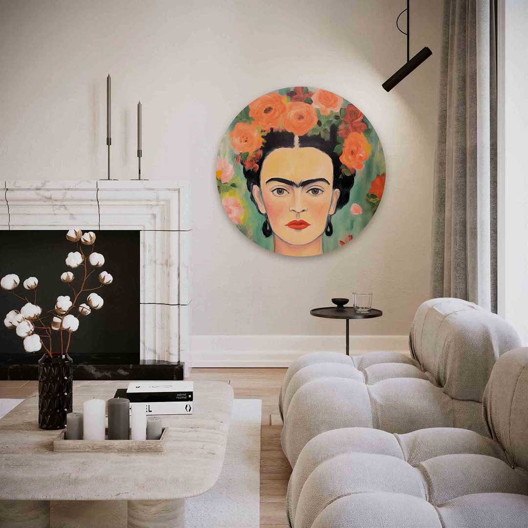 Portret met bloemen – abstracte textuur muurcirkel als wanddecoratie