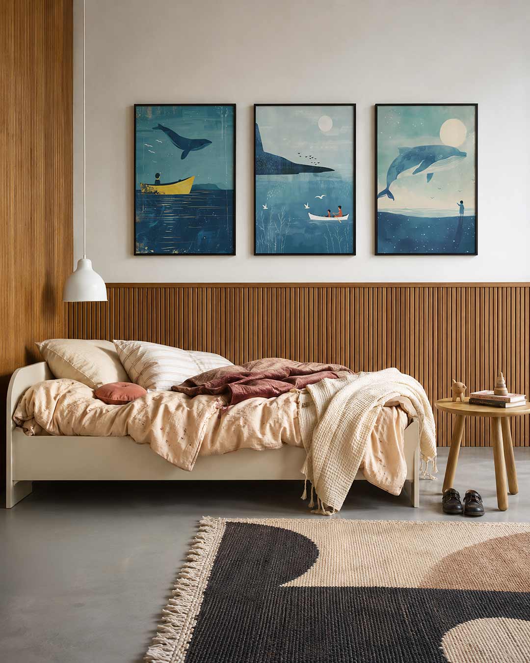 Zee en lucht driedelige posterset – een blauwe walvis zweeft boven een gele boot op een rustige