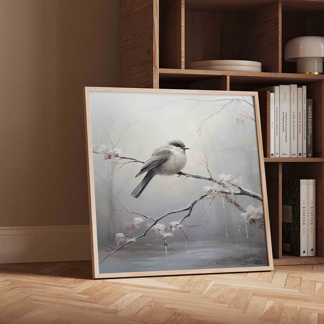 Vogel op tak – vierkante kerst wanddecoratie van WallArtistic