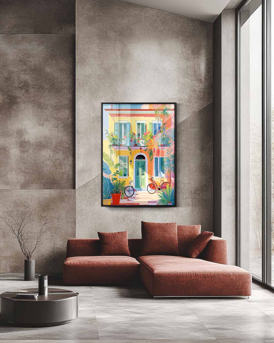 Zonnige Mediterrane Gevel – staande wandkunst voor woonkamer of interieur
