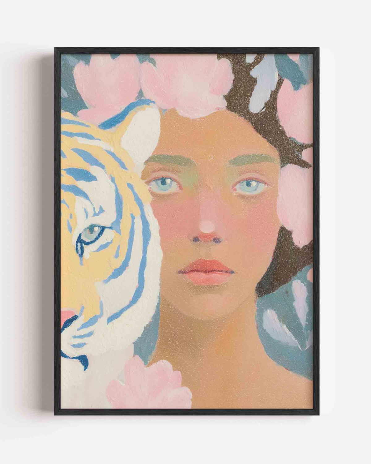 Tijger en vrouw – pastel portret poster als wanddecoratie