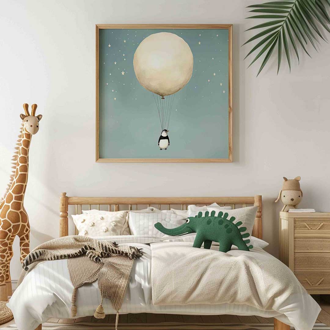 Pinguïn met ballon – vierkante kinderkamer wanddecoratie van WallArtistic