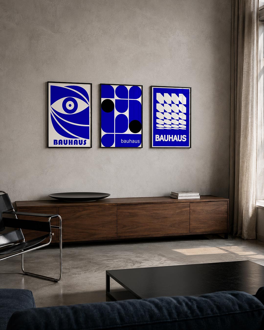Oog en lijnen posterset – tweede productweergave – een blauw oog met strakke lijnen en gebogen vormen, omlijst door een