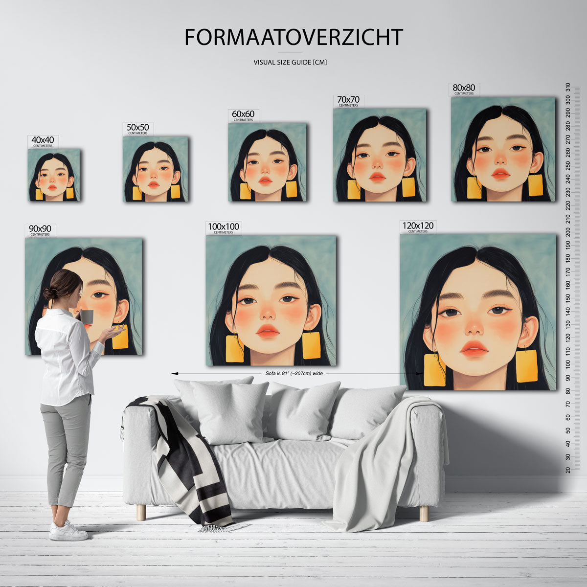 Portret met gele oorbellen – vierkante muurposter voor een modern interieur