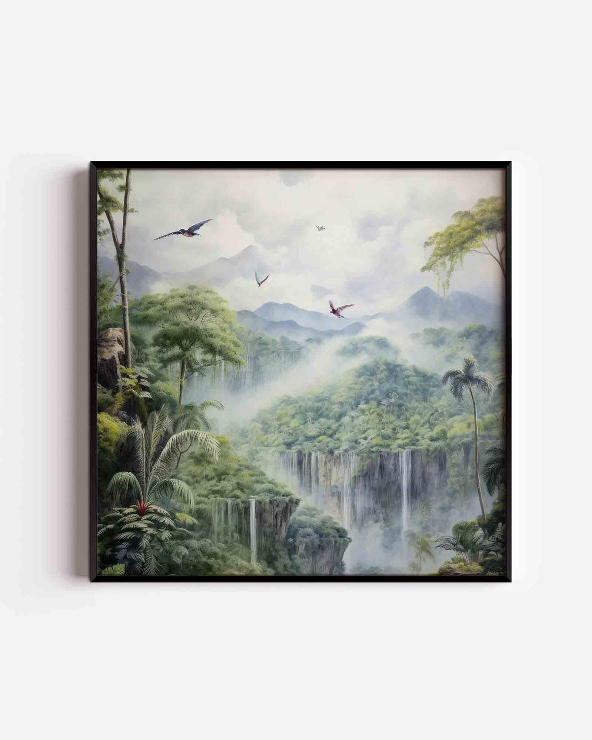 Vliegende vogels boven waterval – jungle vierkante poster als wanddecoratie