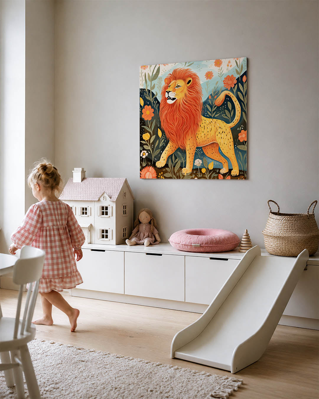 Leeuw in bloemenveld kunstwerk – tweede productweergave – dit werk toont een majestueuze leeuw omringd door kleurrijke