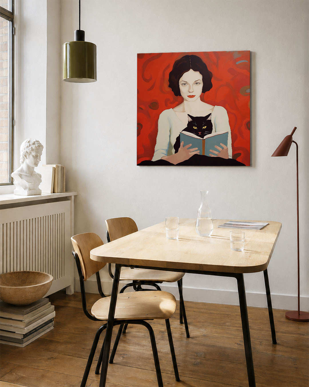 Vrouw met kat kunstwerk – vierkante wanddecoratie – dit werk toont een vrouw met een kat op schoot, omgeven door levendige