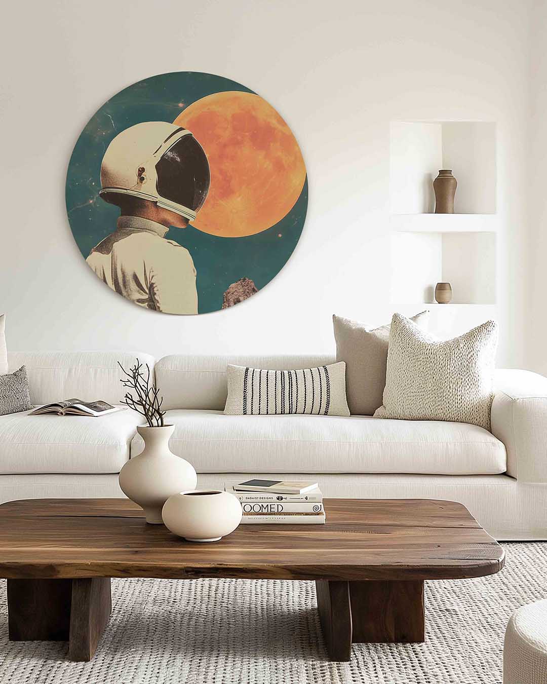 Astronaut en maan – illustratie muurcirkel als ronde muurdecoratie