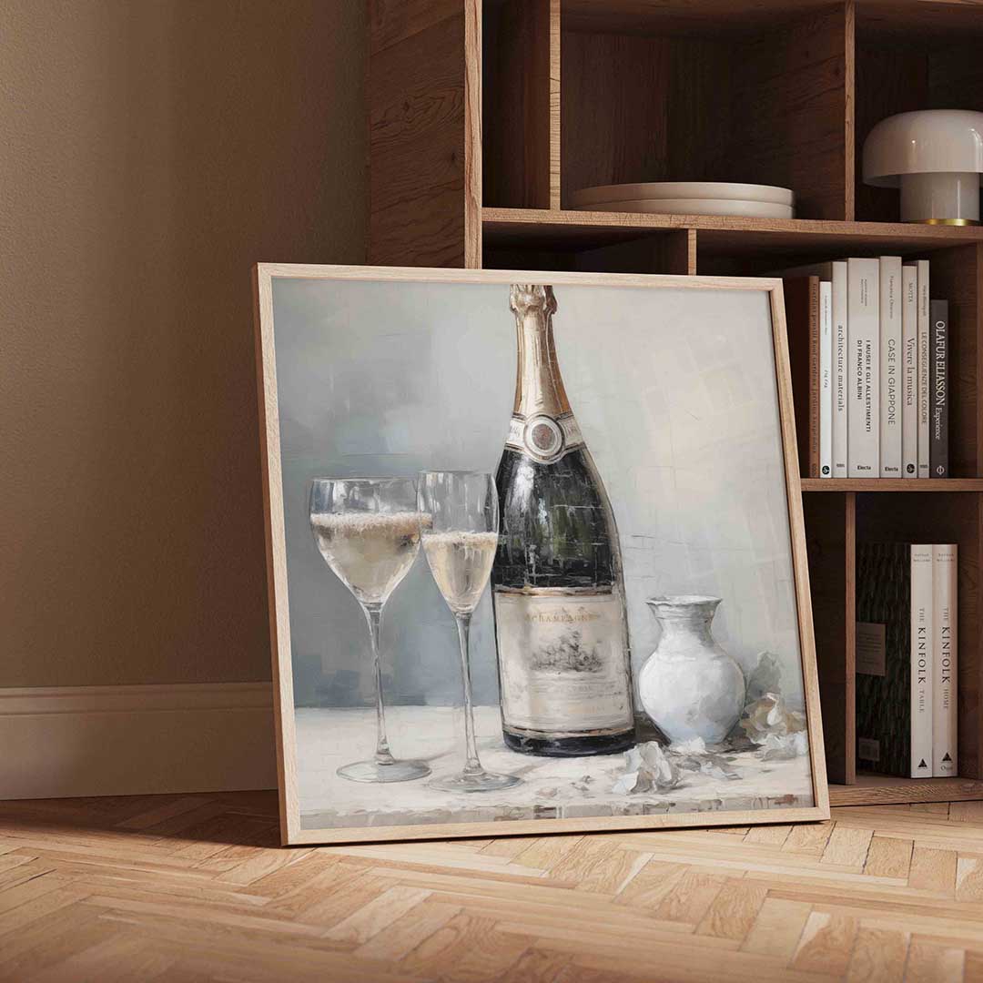 Champagnefles en glazen – vierkante kerst wanddecoratie van WallArtistic