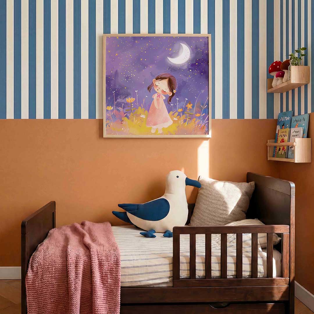 Meisje onder maan – kids poster in vierkant formaat