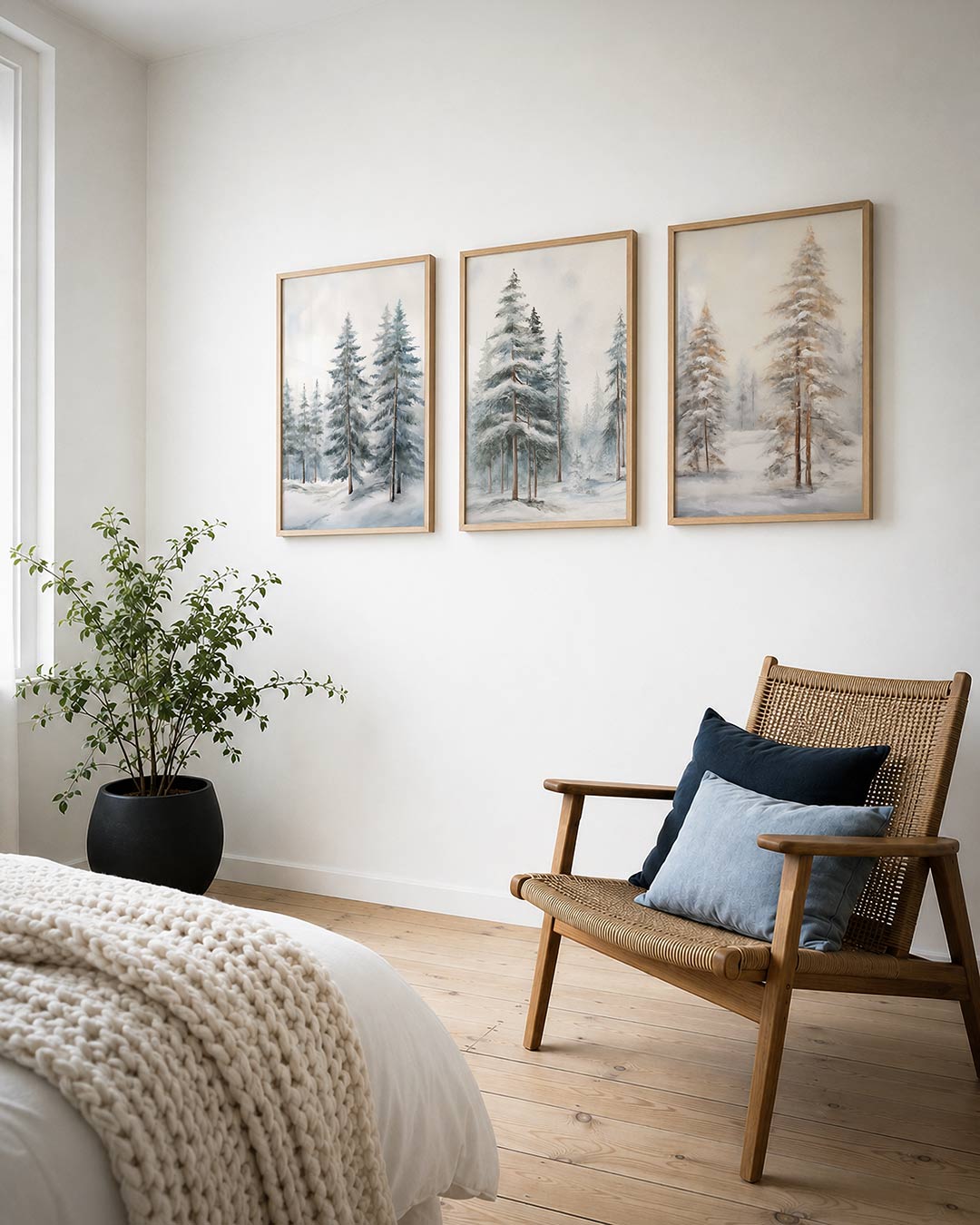 Winterse bomen – deze posterset in drie delen toont hoge, slanke bomen in een besneeuwd – weergave 3