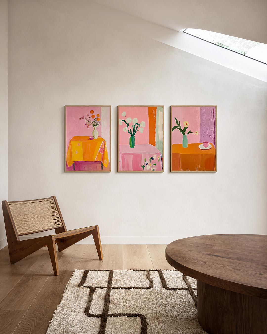 Kleur en bloemen posterset – derde productweergave – een levendige compositie met een roze achtergrond, een