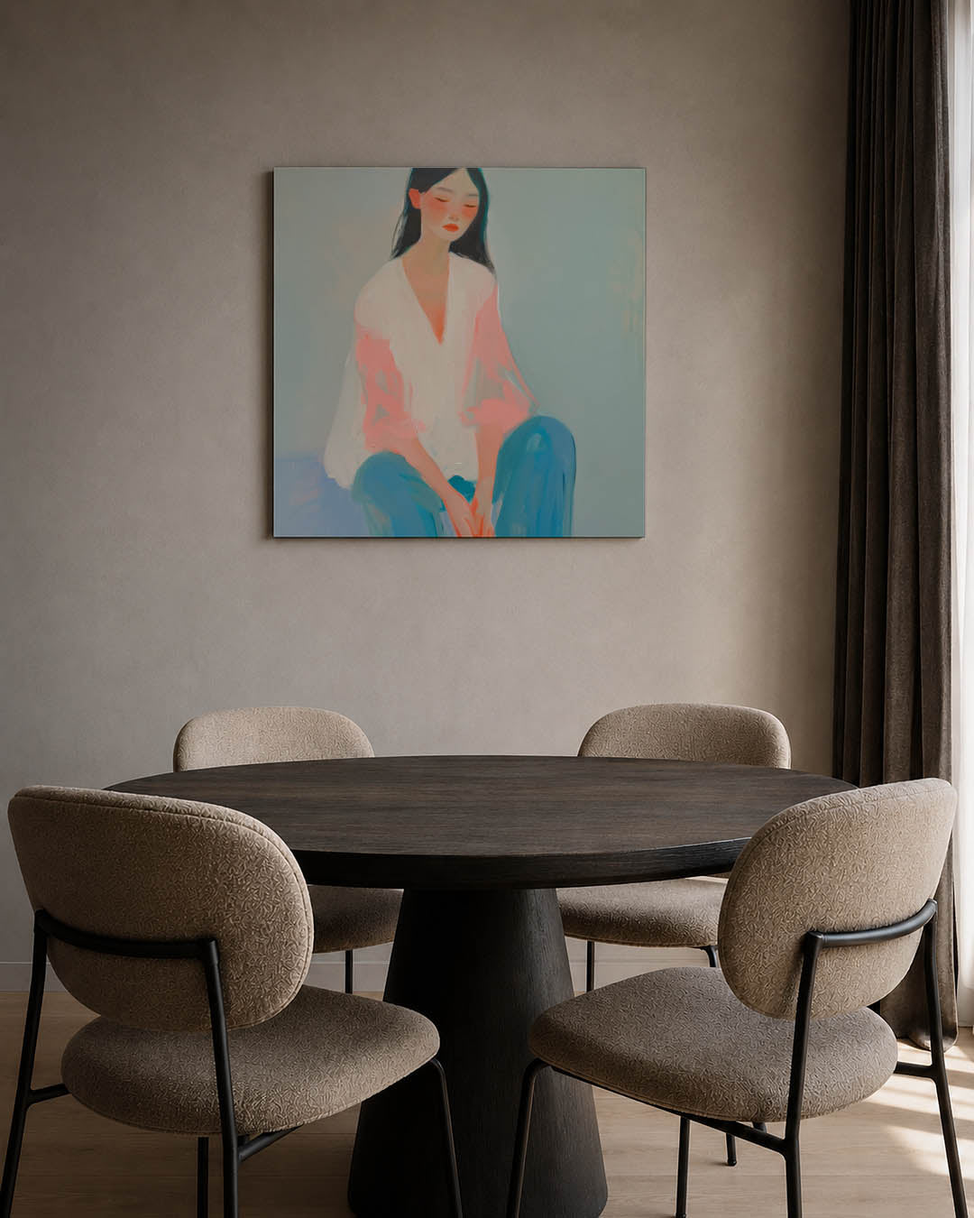 Dromerige vrouwenzitting kunstwerk – tweede productweergave – dit werk toont een vrouw in een serene pose met zachte kleuren.