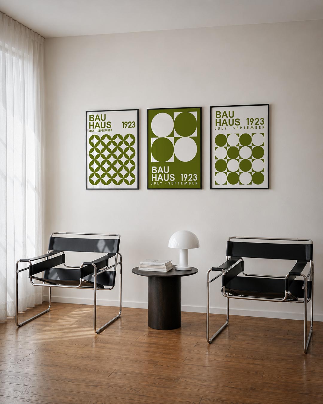 Vormenspel en ritme driedelige posterset – deze posterset in drie delen toont een speelse herhaling van olijfgroene