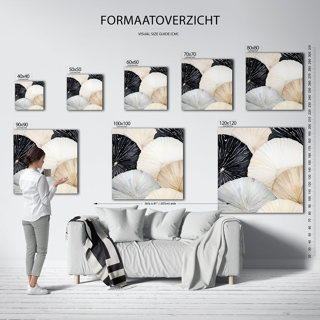 Organische vormen kunstwerk – materiaalweergave – dit werk toont overlappende, waaierachtige vormen in zachte tinten. De