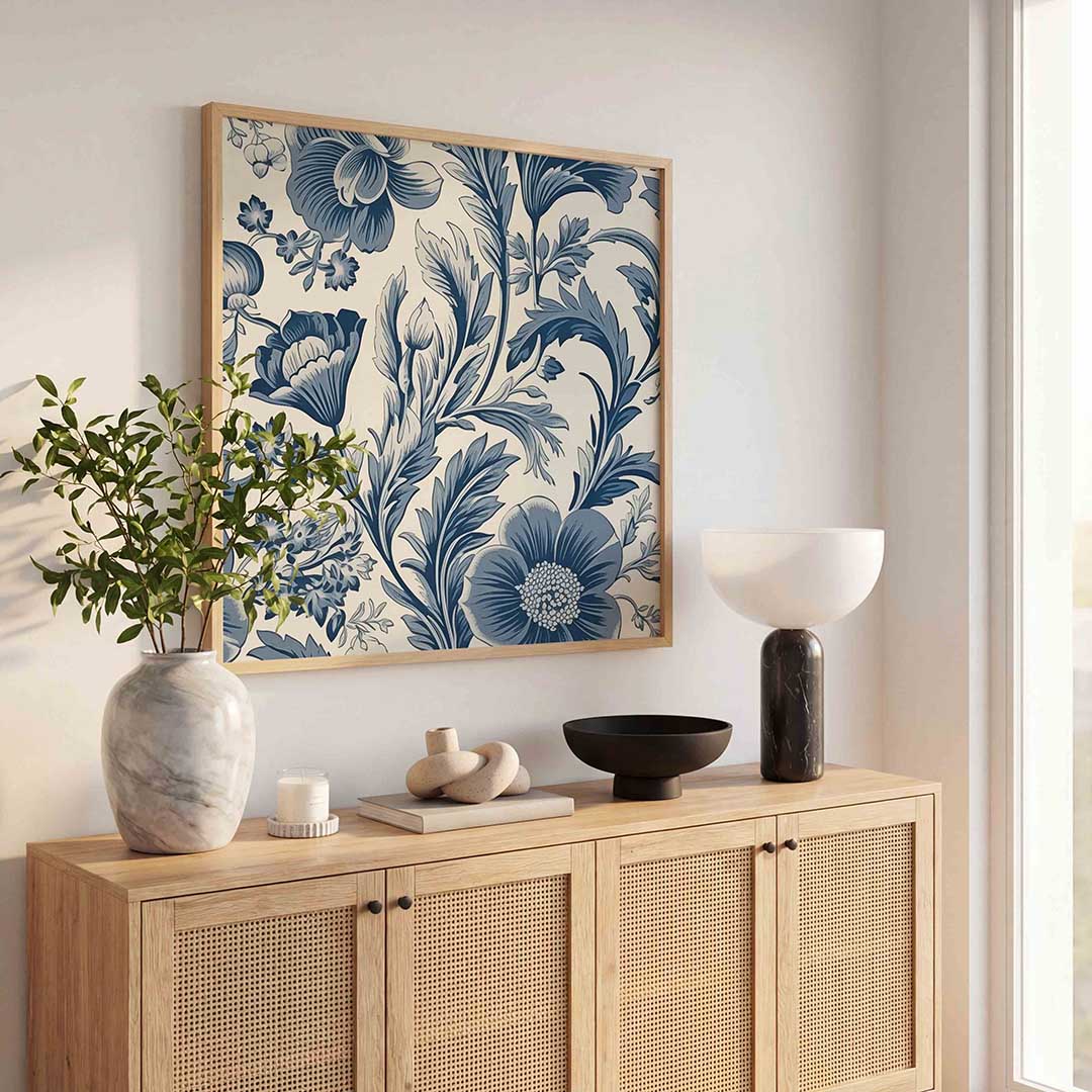 Blauwe bloemen – kleurrijke poster in vierkant formaat