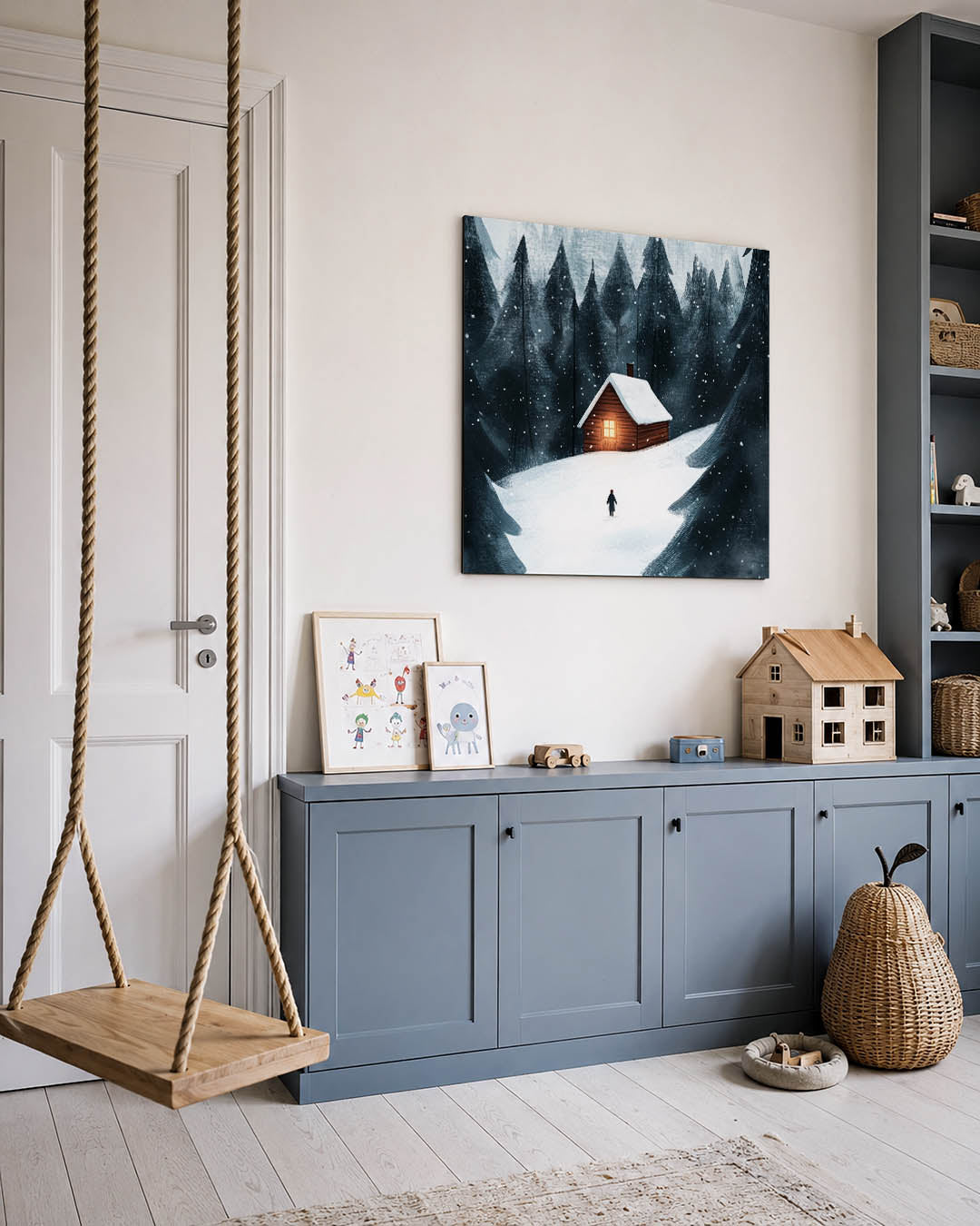 Winterse boslandschap kunstwerk – vierkante wanddecoratie – dit kunstwerk toont een besneeuwd landschap met een houten huisje