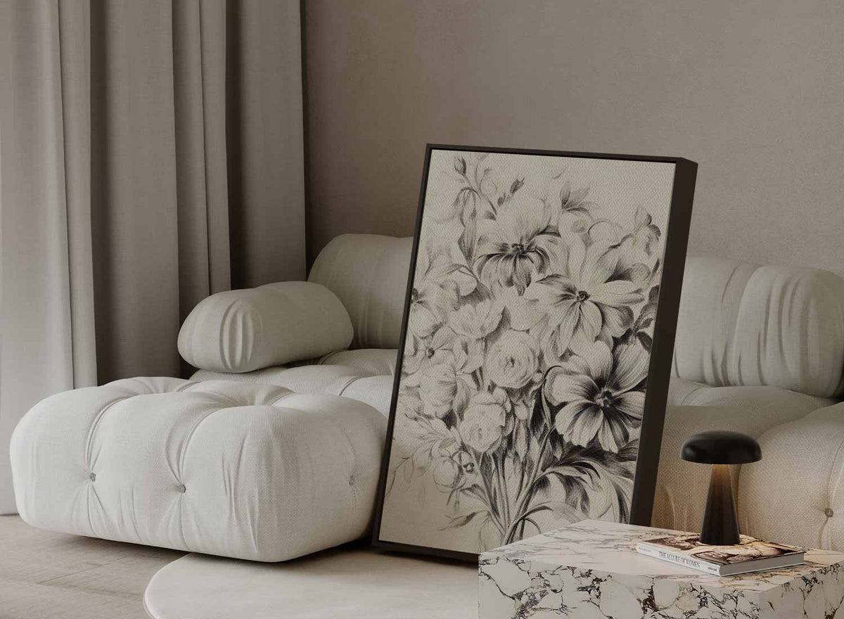 Elegante Bloemenpracht in Potlood – modern portret kunstwerk van WallArtistic