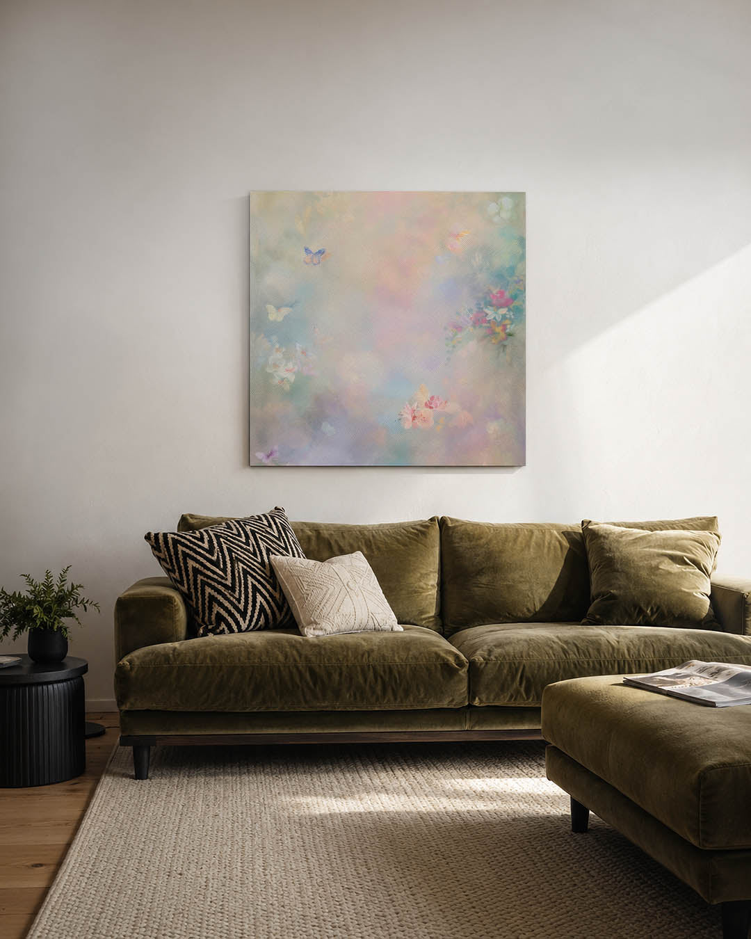 Dromerige vlinders kunstwerk – derde productweergave – dit kunstwerk toont een zachte compositie van vlinders en bloemen in