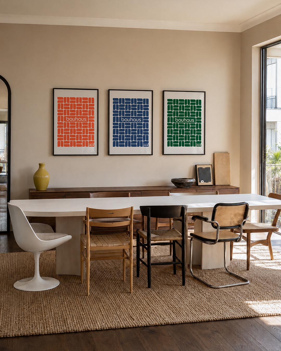 Vormritme en kleur driedelige posterset – deze posterset in drie delen toont een speelse ordening van oranje blokken op een