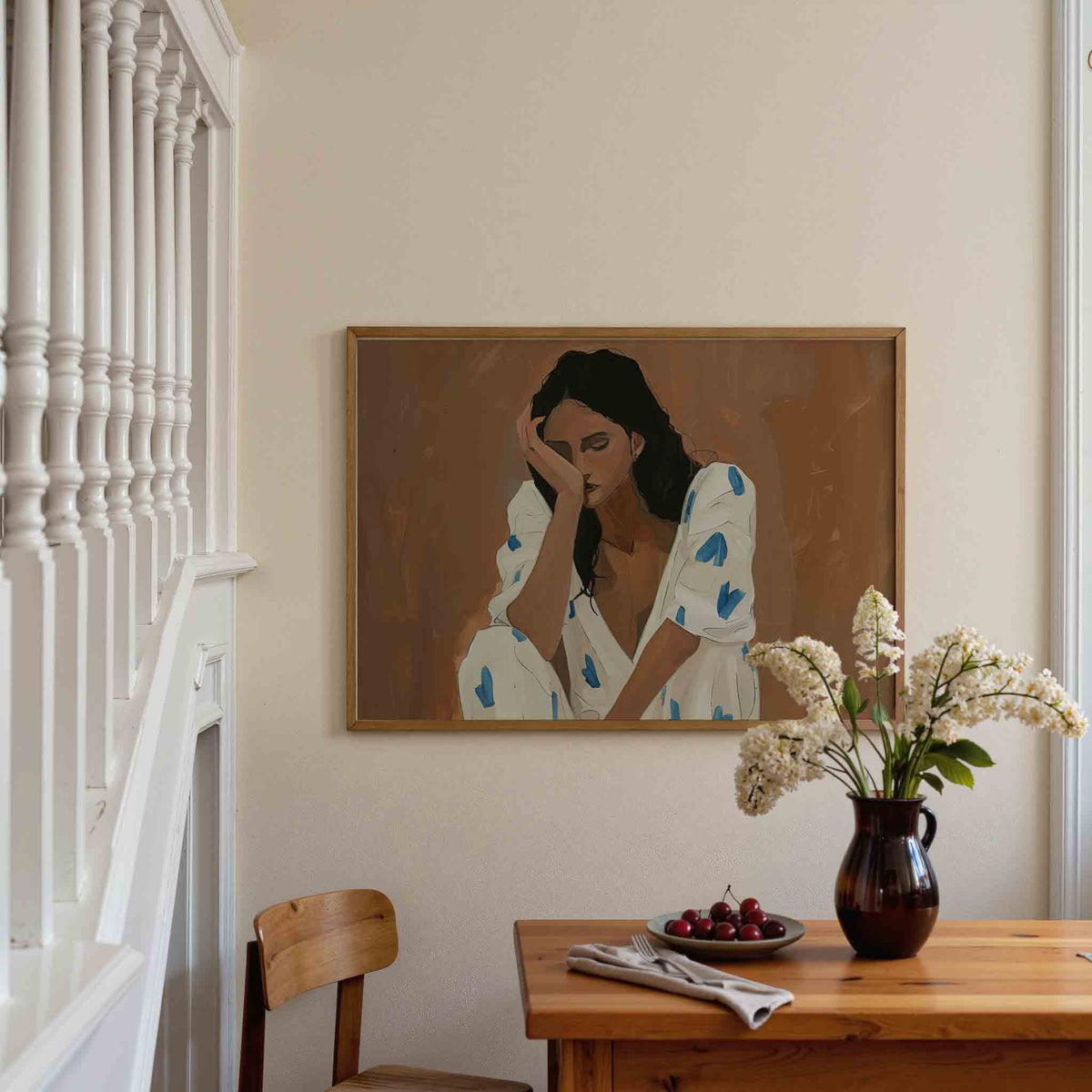 Vrouw met blauwe accenten – liggende illustratie poster als wanddecoratie