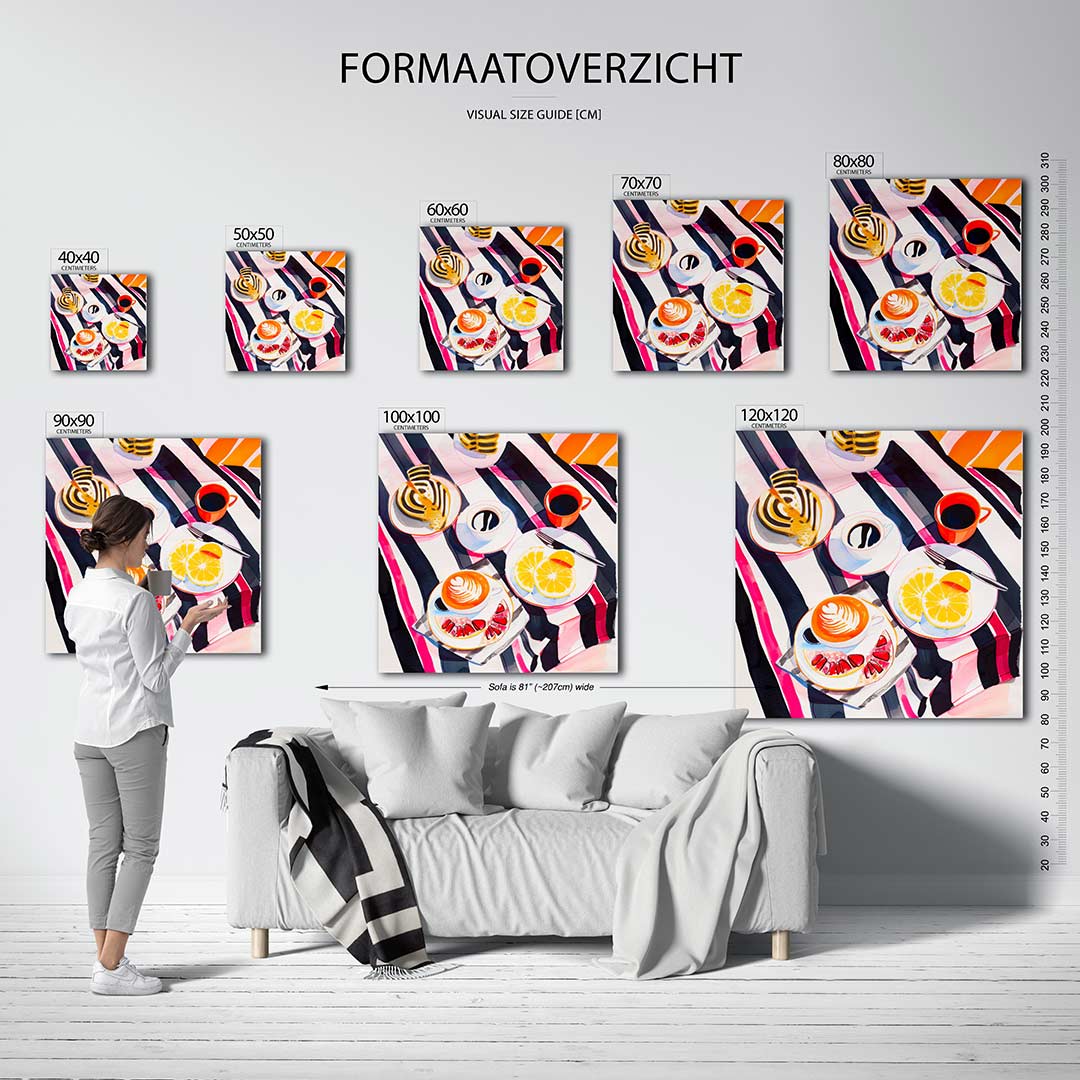 Vrolijk ontbijt tafereel kunstwerk – sfeerbeeld – dit kunstwerk toont een levendig tafereel van een ontbijt met kleurrijke