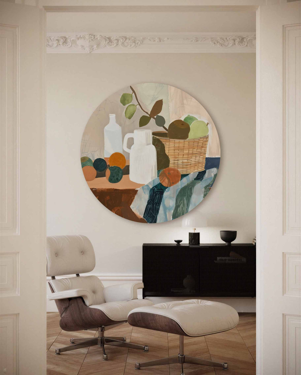 Stilleven met fruit en mand – muurcirkel met kleur en vormen voor aan de muur