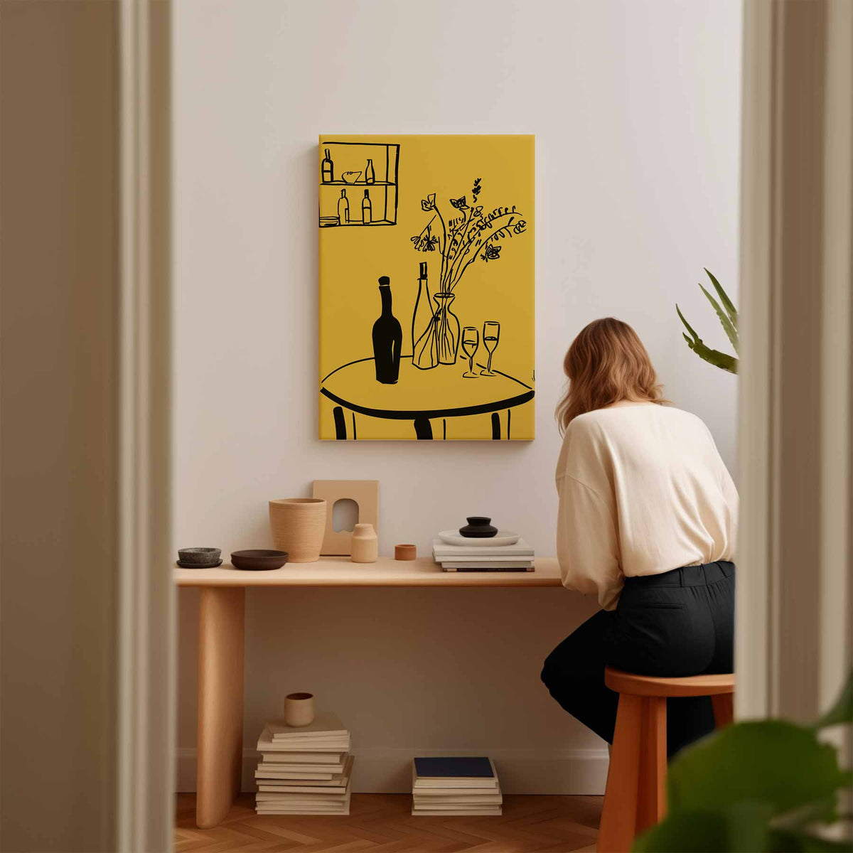 Lijnkunst Stillleven op Gele Achtergrond – plexiglas wanddecoratie in portret formaat