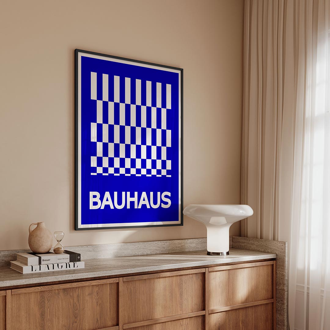 Blauw wit ritme – geometrische Bauhaus poster in staand formaat