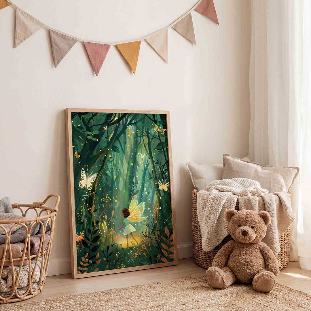 Meisje met vleugels in bos – speelse wandkunst als portret kinderposter