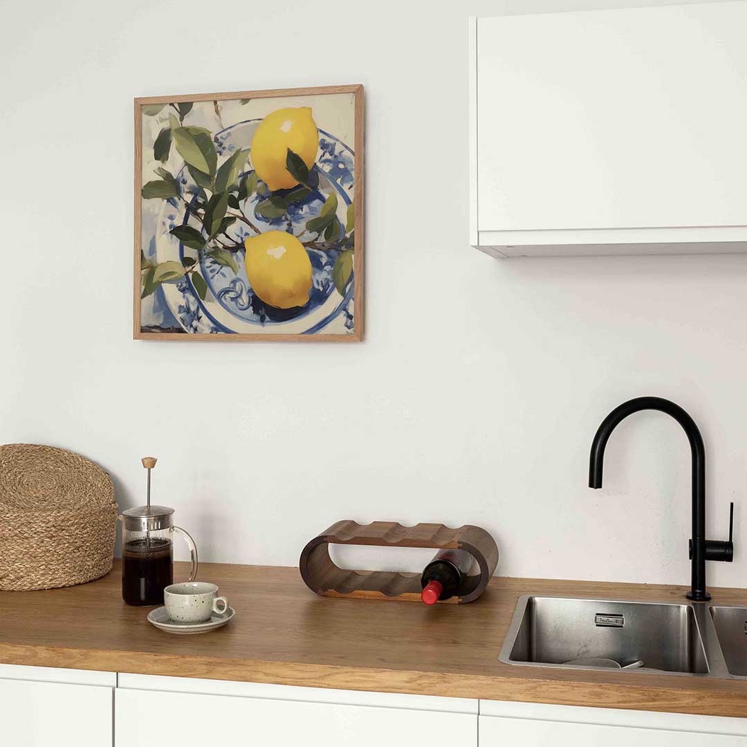 Citroenen op blauw wit bord – keukenposter in vierkant formaat