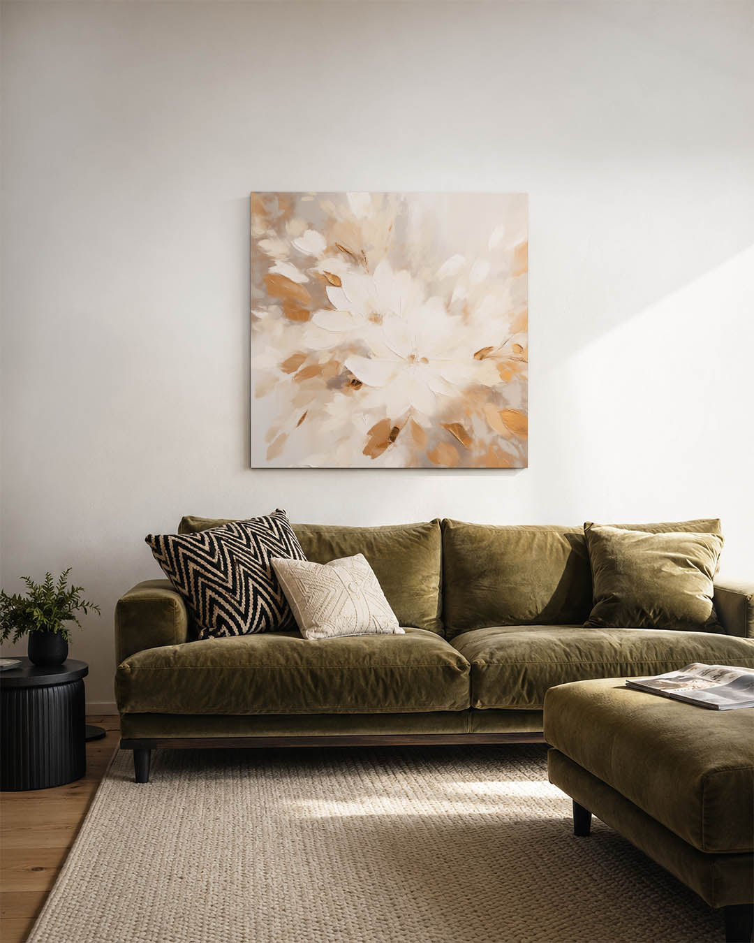 Bloemrijke compositie kunstwerk – sfeerbeeld – dit werk toont een dynamische compositie van vloeiende bloemvormen in zachte