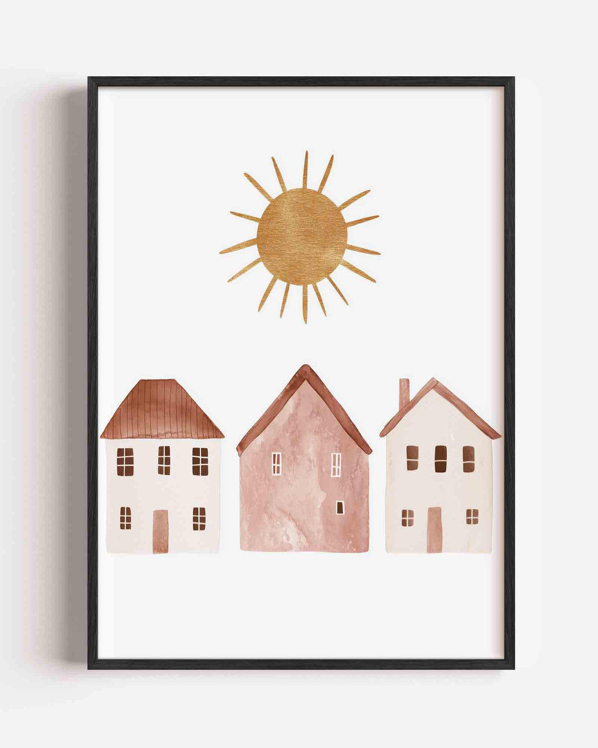 Zon en huizen – kids portret poster als wanddecoratie